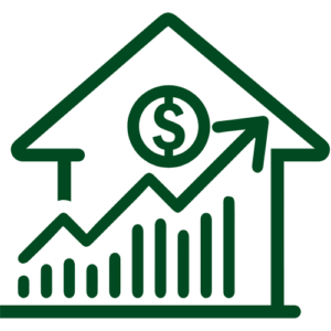 Grünes Haussymbol mit Steigungskurve und Dollarsymbol