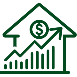 Grünes Haussymbol mit Steigungskurve und Dollarsymbol